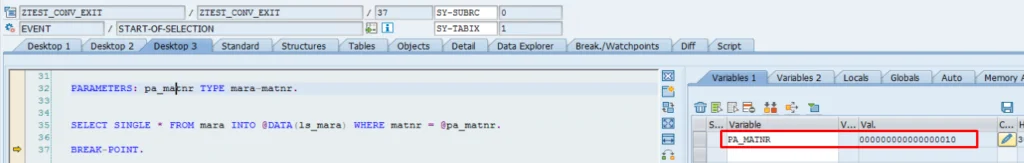 Conversion exit in debugging