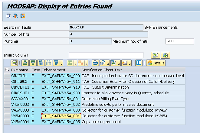 search customer exit in MODSAP table